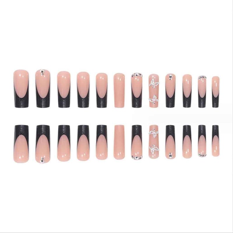 Foccna Press on Nails Long Rhinestone Pink Fake Nails Black Square Bling Glossy Artificial Nails Finger Manicure for Women and Girls-24pcs (Long Nails 1) - Image 2